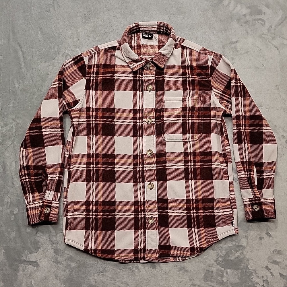 Eddie Bauer Shirt Womens M Burgundy Microfleece Button Down Plaid Outdoor Cozy
